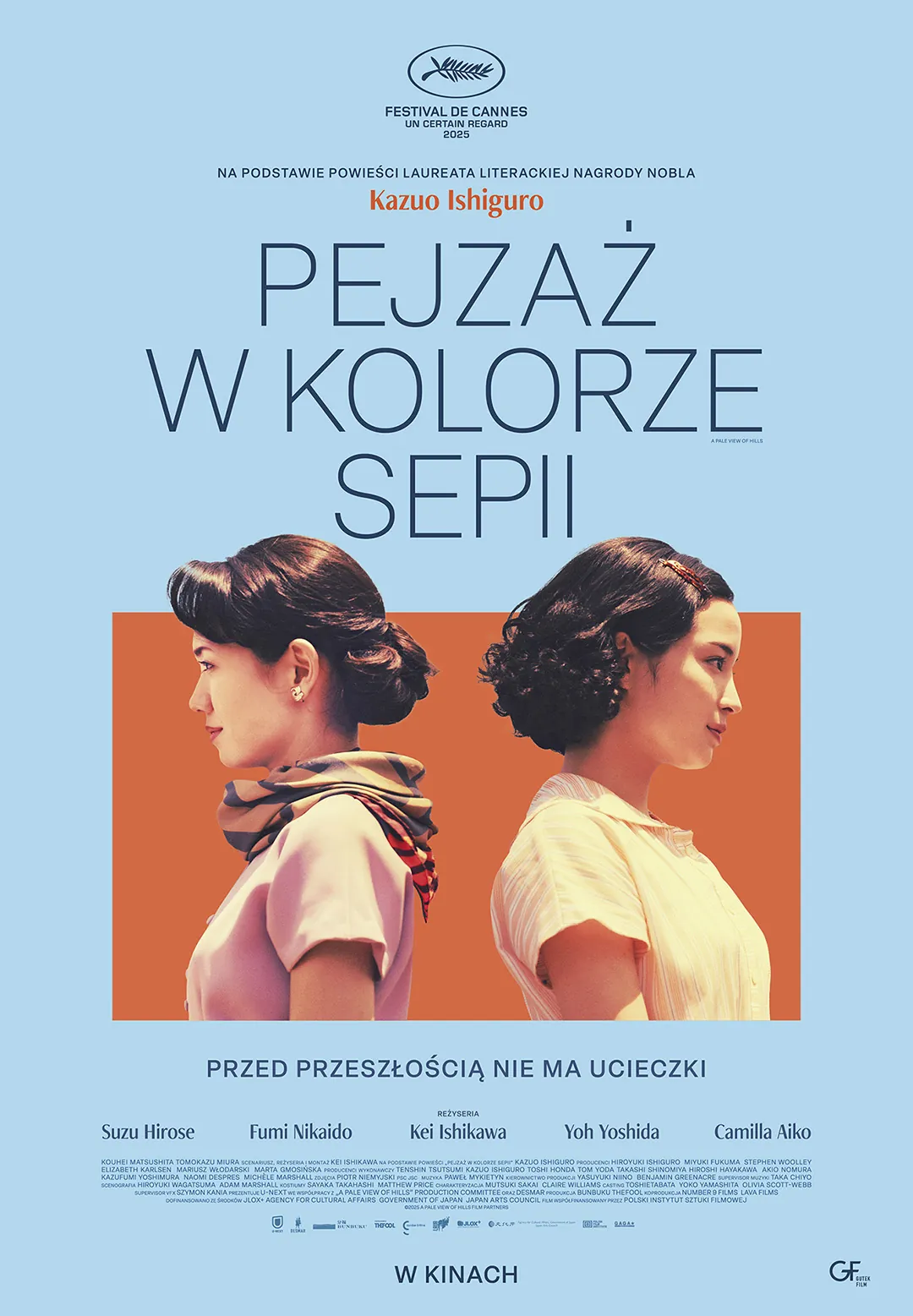 dwie kobiety o azjatyckich rysach twarzy zwrócone plecami do siebie, na pomarańczowo -niebieskim tle. plakat.