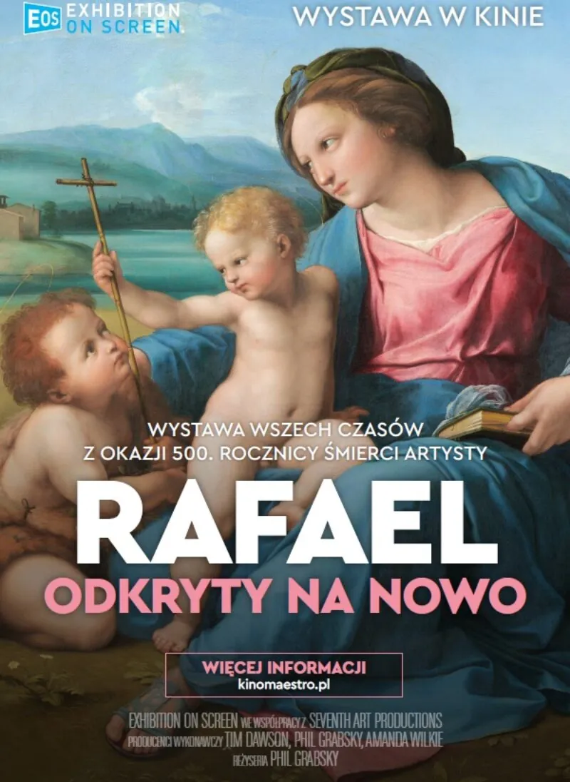 Plakat filmu „Rafael. Odkryty na nowo” z obrazem Madonny z Dzieciątkiem i św. Janem Chrzcicielem oraz polskim tytułem.