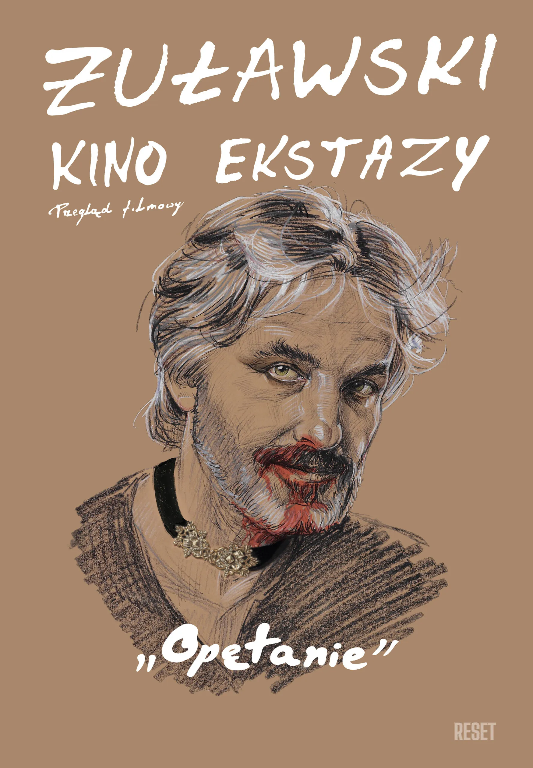 portret - szkic na beżowym tle - mężczyzny z siwymi włosami i wąsem. ręcznie napisany tytuł filmu OPĘTANIE i tytuł cyklu KINO EKSTAZY