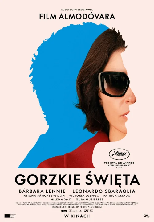 wpisany w niebieską sylwetkę męską portret kobiety szatynki w okularach przeciwsłonecznych