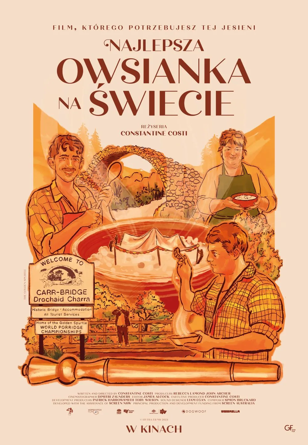 plakat - rysunek w odcieniach brązu i pomarańczu. przedstawia miskę owsianki, wokół niej postaci - kucharze trzymające miseczki z owsianką.